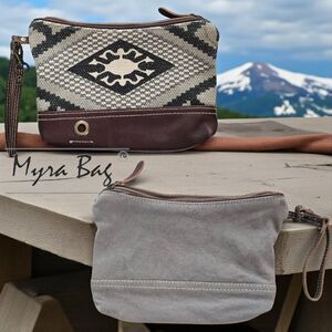 Myra Bag Aztec Canvas Leather Wristlet Pouch Makeup Bag